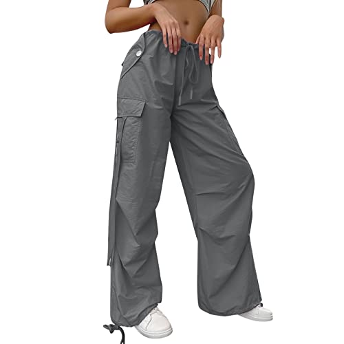 Risaho Y2k Pants Fallschirmhosen Teenager Baggy Cargohose Damen Weites Bein Track Pants Vintage Baggy Hosen für Frauen Streetwear Elastische Taille Parachute Pants (09-Dark Gray, L) von Risaho