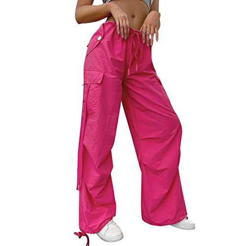 Risaho Y2k Pants Fallschirmhosen Teenager Baggy Cargohose Damen Weites Bein Track Pants Vintage Baggy Hosen für Frauen Streetwear Elastische Taille Parachute Pants (09-Hot Pink, XS) von Risaho