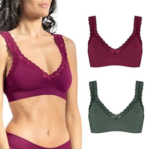 Risalti BH Damen Ohne Bügel Spitze Rippenstoff 2 STK - Bralette Damen Leichte Stütze, BH Ohne Bügel Mikrofaser weicher als Bustier Damen Baumwolle, Seamless BH - Made in Italy von Risalti
