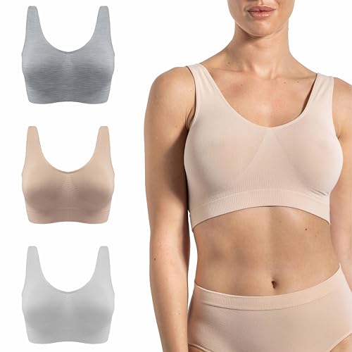 Risalti BH ohne Bügel, Bambus, breite Schultern, 3 Stück – Damen-BH mit leichter Unterstützung, Bralette aus Mikrofaser, Damen-Top, nahtlose Damenunterwäsche – Made in Italy, Grau, Puder, Weiß, S/M von Risalti