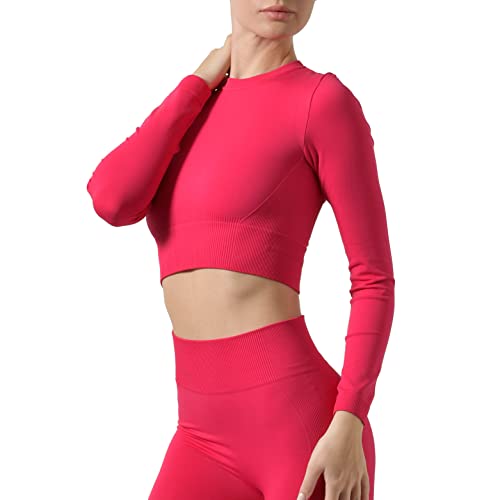 Risalti Crop Top Sporttop Damen Fitness Costina Ilena - Elegantes Damen-Top mit langen Ärmeln aus Mikrofaser, Bekleidung für Fitnessstudio, nahtlos, hergestellt in Italien, magenta, L/XL von Risalti