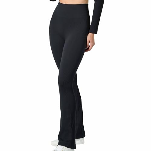 Risalti Sara Damen-Leggings mit Schlag gerippt – Sportleggings für Damen aus Mikrofaser, elegante Damenhose, elastisch, Fitnessbekleidung für Damen – Made in Italy, Schwarz , Large-X-Large von Risalti