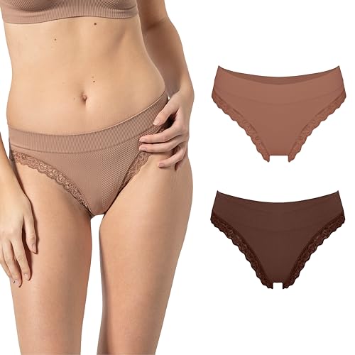 Risalti Slip Damen Spitze Rib 2Stk - Brazilian Slip Damen, Unterhosen Damen Spitze, Unterwäsche Frauen, Seamless Slips Damen, Weicher als Unterhosen Damen Baumwolle - Made in Italy von Risalti
