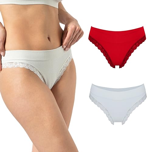 Risalti Slip Damen Spitze Rib 2Stk - Brazilian Slip Damen, Unterhosen Damen Spitze, Unterwäsche Frauen, Seamless Slips Damen, Weicher als Unterhosen Damen Baumwolle - Made in Italy von Risalti