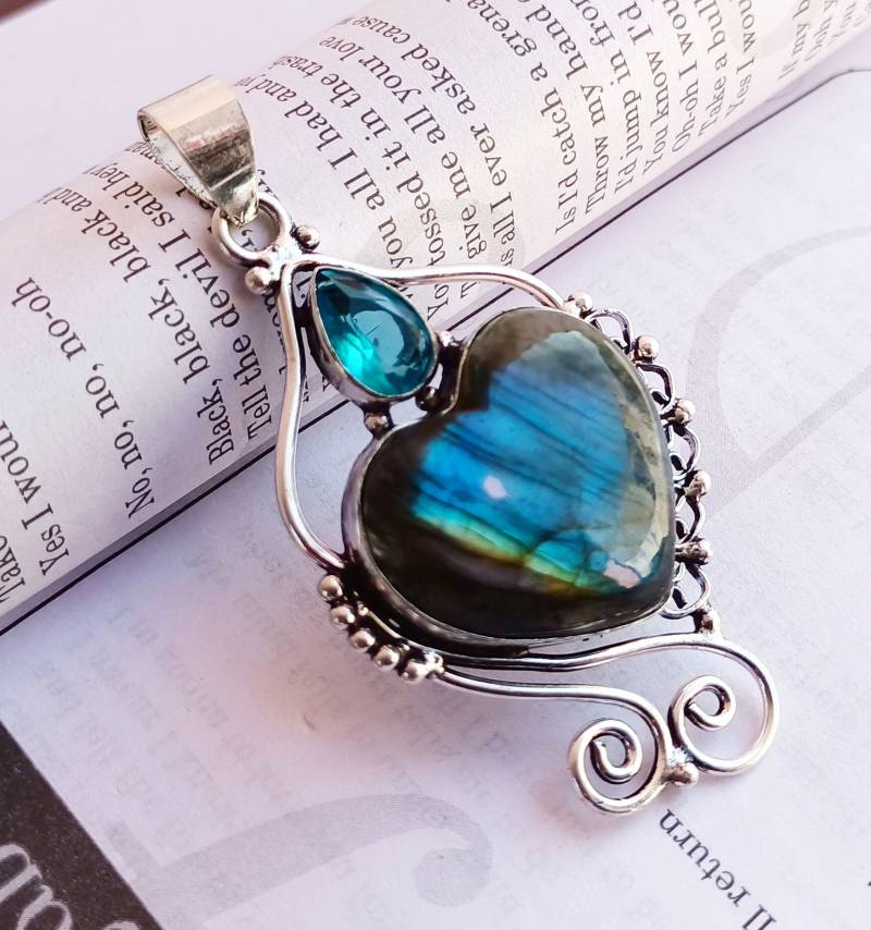 Labradorit Und Blautopas Anhänger-Labradorit Anhänger-Blautopas Halskette-Blautopas Anhänger-Geschenk Für Sie von Rishijewelrycreation