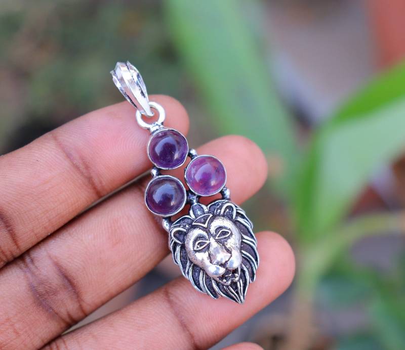 Natürlicher Amethyst Edelstein Anhänger - Löwengesicht Sterling Silber Halskette Für Männer-Geschenk Liebe-Anhänger Frauen-Geburtstagsgeschenk von Rishijewelrycreation