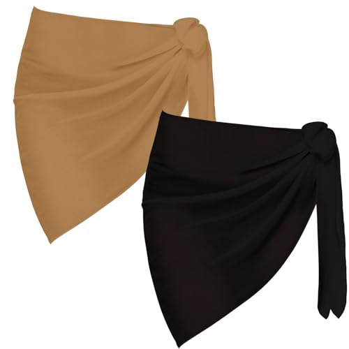 2 Stück Sarong Coverups für Frauen Badeanzug Wrap Badeanzug Rock Bikini Bademode Chiffon Cover Up Strand (DE/NL/SE/PL, Alphanumerisch, Einheitsgröße, Regular, Regular, Schwarz+Khaki) von Risipu