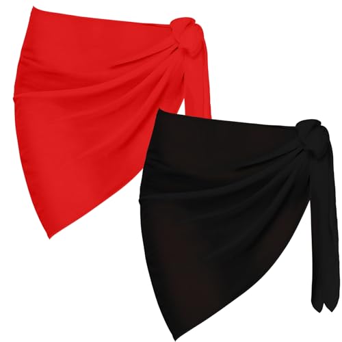 2 Stück Sarong Coverups für Frauen Badeanzug Wrap Badeanzug Rock Bikini Bademode Chiffon Cover Up Strand (DE/NL/SE/PL, Alphanumerisch, Einheitsgröße, Regular, Regular, Schwarz+Rot) von Risipu