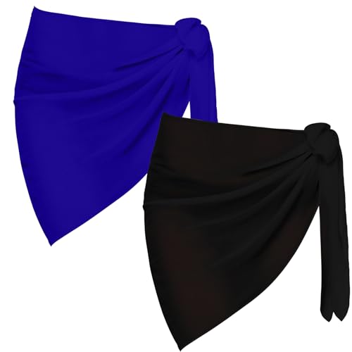 2 Stück Sarong Coverups für Frauen Badeanzug Wrap Badeanzug Rock Bikini Bademode Chiffon Cover Up Strand (DE/NL/SE/PL, Alphanumerisch, Einheitsgröße, Regular, Regular, Schwarz+Royalblau) von Risipu