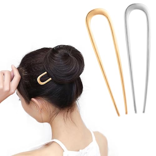 2 Stück U-Förmige Französische Haarnadel Haarpin Zinken Hochsteckfrisur Chignon Pins Groß Metall Haarnadeln Stäbchen Haarschmuck für Frauen Mädchen Haarstyling (1 Gold+1 Silber) von Risipu