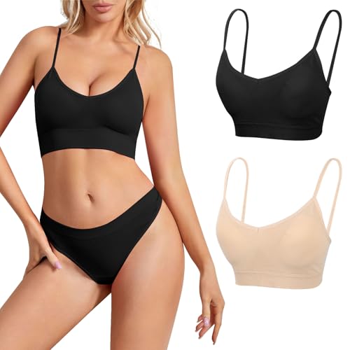 2er BH ohne Bügel Nahtlose Bralettes T-Shirt BHS Bustier Top für Damen (M, Schwarz+Farbe) von Risipu