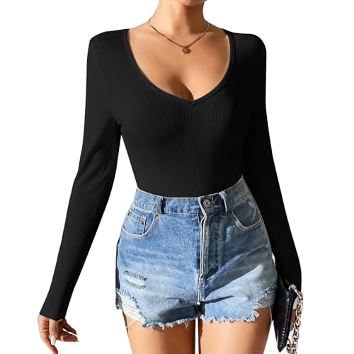 Damen Langarm-Shirts Mode Slim Fit Tops V Hals gerippt Basic Casual Kleidung Ausgehen Workout Y2k Outfits (DE/NL/SE/PL, Alphanumerisch, M, Regular, Regular, Schwarz) von Risipu