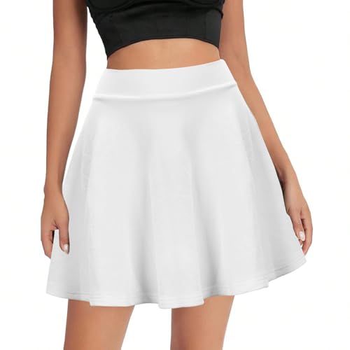 Damen Mini Skaterrock A-Linie Basic Rock Hohe Taille Einfarbig Tennis Schule Kurzer Rock Faltenrock (XL, Weiß) von Risipu