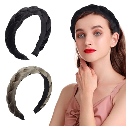 Damen Samt Haarreif Geflochten Haarreifen Stirnband Breit Haarband Vintage Gepolsterte Haarreifen Haarschmuck Rockabilly Kopfband für Damen und Mädchen (Schwarz+Grün, One Size) von Risipu