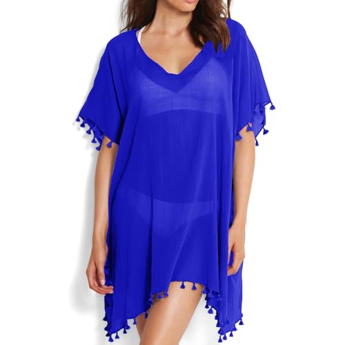 Damen Strandponcho Sommer Bikini Badeanzug Cover Up Strandkleid mit Quasten Boho Strand Tunika Bikini Beachwear Cover-Ups für Sommerstrand, Schwimmbad (Sapphire, Einheitsgröße) von Risipu