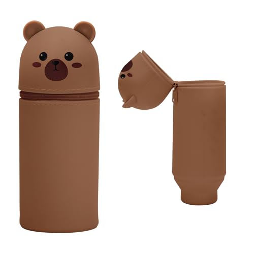Federmäppchen 2 in 1 aus welchem Silicon, Federmäppchen Ständer up für Schreibwaren Unisex Kapazität Mäppchen Kosmetiktasche Bleistifttasche Niedliche Schule Geschenke für Kinder (Bär) von Risipu