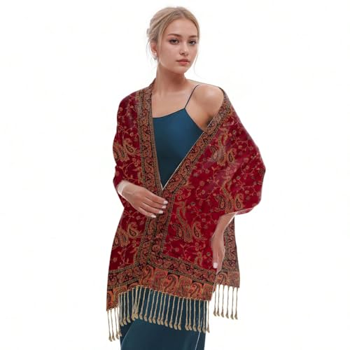 Frauen Pashmina Schals und Tücher Jacquard Schal Weich Seidig Reversible Bohemian Schal Halstuch (Rot) von Risipu