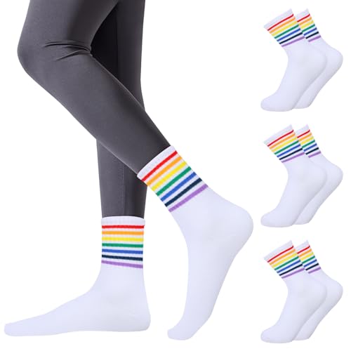 Risipu 3 Paare Regenbogen gestreifte Knöchel hohe Socken Männer Frauen,Stolz Monat Homosexuell Socken für LGTBQ Partei (DE/NL/SE/PL, Alphanumerisch, Einheitsgröße, Regular, Regular, A 3 Paare - Weiß) von Risipu