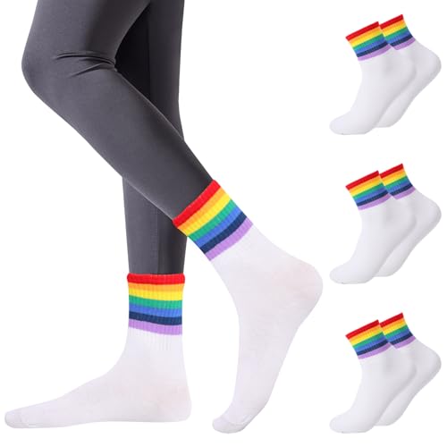 Risipu 3 Paare Regenbogen gestreifte Knöchel hohe Socken Männer Frauen,Stolz Monat Homosexuell Socken für LGTBQ Partei (DE/NL/SE/PL, Alphanumerisch, Einheitsgröße, Regular, Regular, B 3 Paare - Weiß) von Risipu