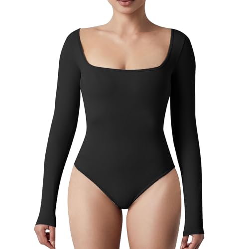 Risipu Body Damen Langarm Bodysuit Quadratischer Hals Shapewear Jumpsuit Sexy Stretchy Bodysuits für Fitness und Sport (Schwarz, XL) von Risipu