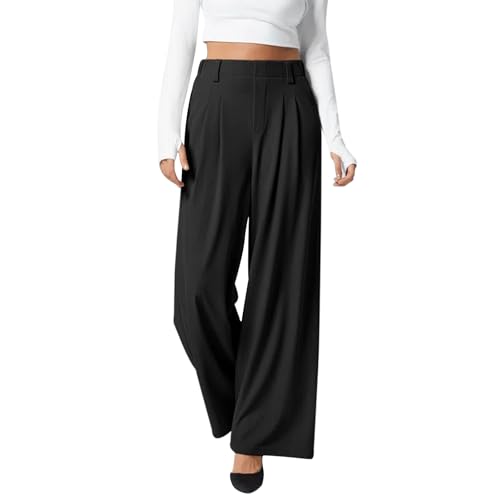 Risipu Damen Hose mit Weitem Bein, Hoher Taille, Stretch-Freizeithose mit Taschen (DE/NL/SE/PL, Alphanumerisch, L, Regular, Regular, Schwarz) von Risipu