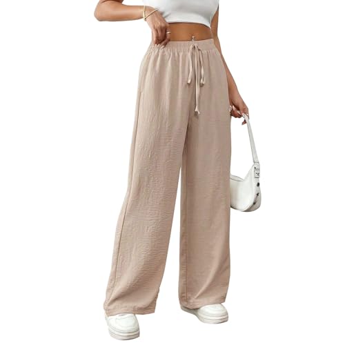 Risipu Damen Sommerhose Leinen Musselin Leicht Casual Locker Hose Freizeithose Leinenhose Weite Leg Hose Hohe Taille Hose mit Tunnelzug (DE/NL/SE/PL, Alphanumerisch, S, Regular, Regular, Khaki) von Risipu