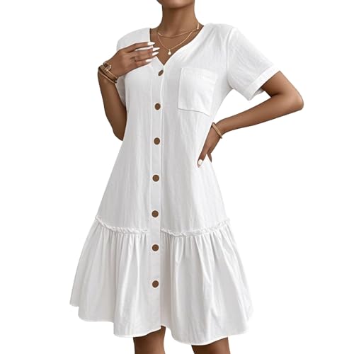 Risipu Damen V-Ausschnitt Button Down Kleid - Lose Baumwolle Leinen Mischung mit Rüschensaum Sommer Essential, weiß, S von Risipu