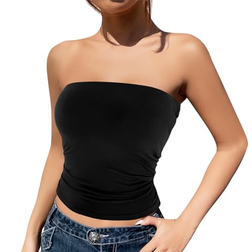 Risipu Frauen Y2K trägerlos Tube Tops Basic rückenfrei ärmellos Bandeau Ausgehen Crop Tops Cute 2025 Sommer Kleidung (DE/NL/SE/PL, Alphanumerisch, M, Regular, Regular, Schwarz) von Risipu