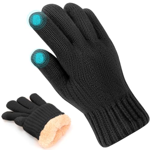 Risipu Herren Winter Touchscreen Handschuhe Thermal Warm Knit Touchscreen Handschuhe für Damen Soft Fleece gefüttert Handschuh für Skifahren Laufen (Schwarz, L) von Risipu