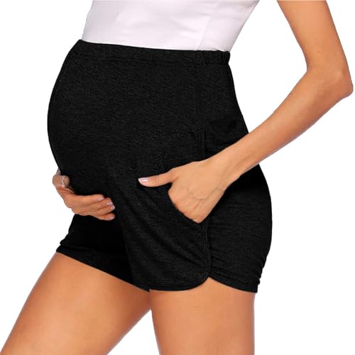 Risipu Mutterschaft Shorts für Frauen über den Bauch Schwangerschaft Biker Shorts Workout aktiv Laufen Yoga Kurze Hosen mit Taschen (DE/NL/SE/PL, Alphanumerisch, M, Regular, Regular, Schwarz) von Risipu