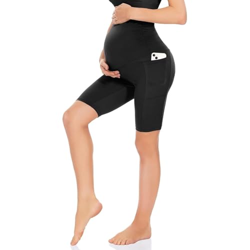 Risipu Mutterschaft Shorts für Frauen über den Bauch Schwangerschaft Biker Shorts Workout aktiv Laufen Yoga Kurze Hosen mit Taschen (DE/NL/SE/PL, Alphanumerisch, XL, Regular, Regular, Schwarz) von Risipu