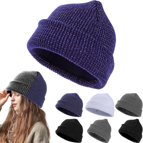 Risipu Reflektierende Mütze, Warnschutz Beanie für Mann Frau, Warme Strickmütze Wintermütze Reflex-Mütze Reflektor (Marineblau) von Risipu