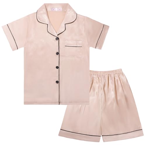 Risipu Seiden-Pyjama-Set für Kinder, Uni, kurzärmelig, einfarbig, für Kinder, champagnerfarben, 9-10 Years von Risipu