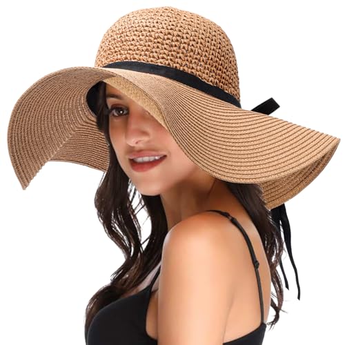 Risipu Strohhut für Damen breite Krempe schwarze Schleife verstellbar Sommer-Strandhut UV-Schutz Sonnenblenden für Damen faltbar verstaubar für Outdoor und Reisen (DE/NL/SE/PL, Alpha, One Size, Khaki) von Risipu