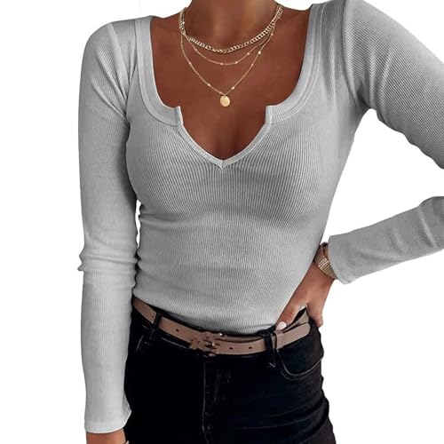 Risipu Women's Longsleeve Shirt Ribbed Stretch Pullover Tshirt Damen Langarm Shirt Basic Pullover V Ausschnitt (Gray M) von Risipu