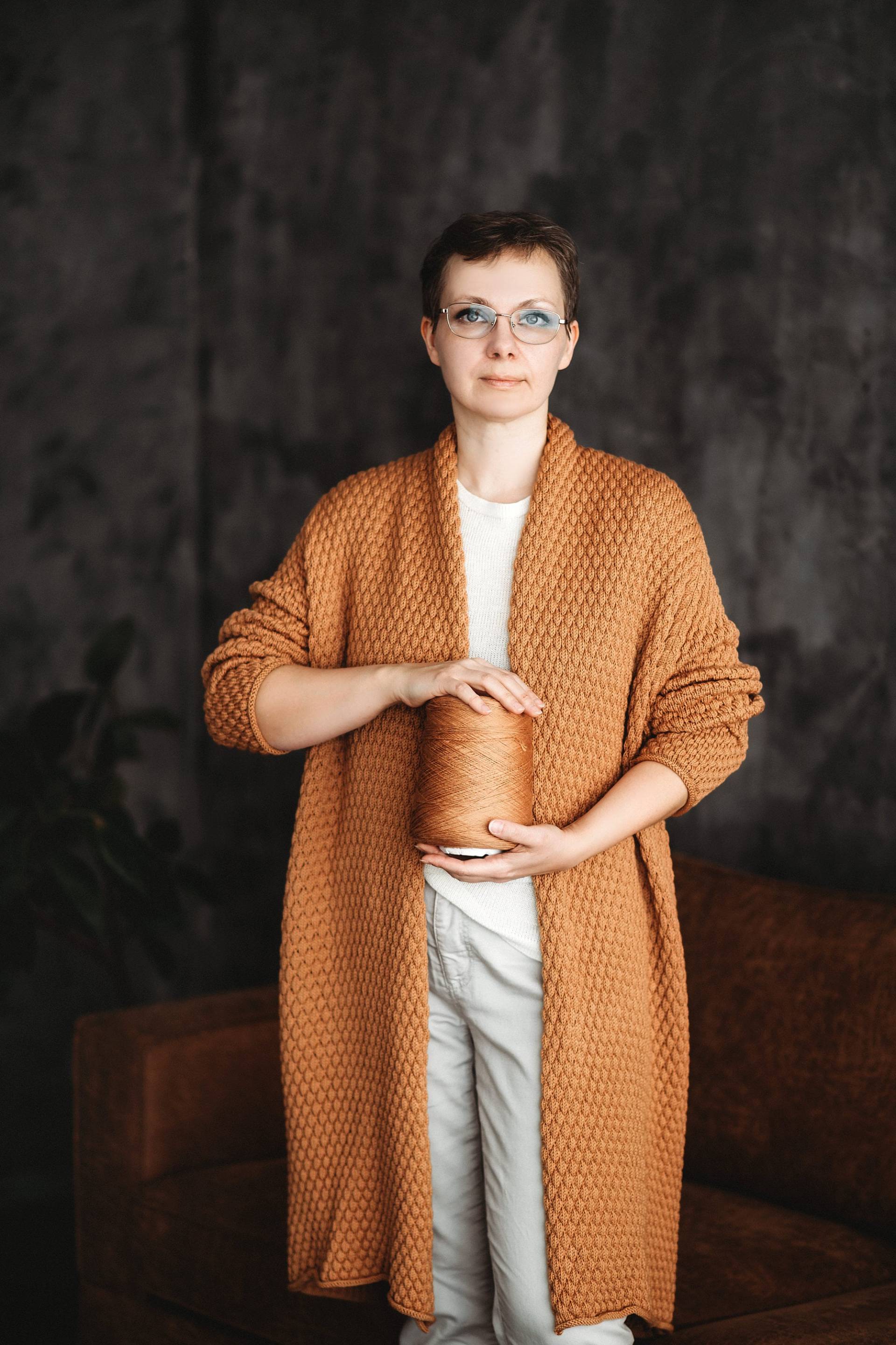 Senf Merino Wolle Strickjacke, Damen Mantel, Langer Pullover, Grobstrick Jacke von RistinaKnittingJazz