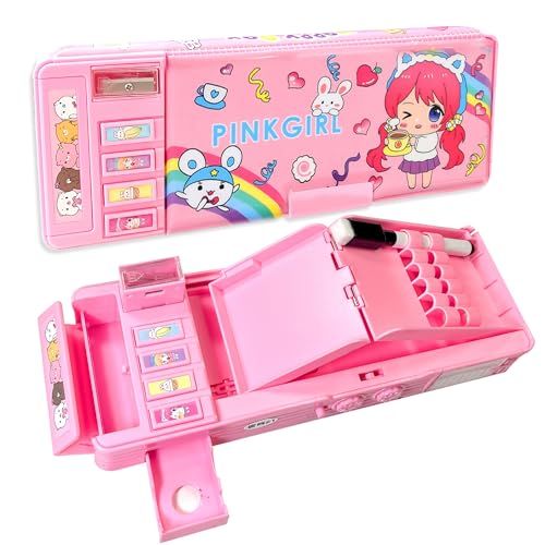 Ristpal Pop Up Multifunktions-Bleistift-Fall für Mädchen, niedliche Cartoon Stift Box Organizer Briefpapier mit Passwort Lock, Schärfer, Zeitplan, Whiteboard (Pink) von Ristpal