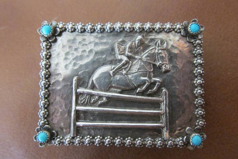 Pferd Jäger Springer Gürtelschnalle - Vielseitigkeit, Fuchsjagd, Reiter Sterling Dornröschen Türkis von RistraRanch