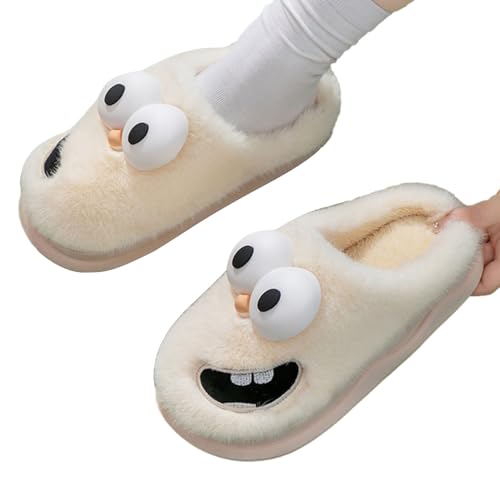 Ristyur Süße Plüschhausschuhe - Schlafzimmer-Hausschuhe für Damen - Coole lustige Ausdrucks-warme Schlafzimmerschuhe, niedlicher 3D-Cartoon-flauschiger Slipper für drinnen und draußen von Ristyur