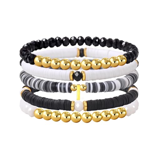 Risyfjew Initialen-Armband für Damen, personalisierbar, mit Perlen aus Ton besetzt, zierlicher Buchstabe, Gold, Charms, Surfer, Heishi, trendiges, stapelbares Armband, Boho-Schmuck, Geschenke, 19cm von Risyfjew