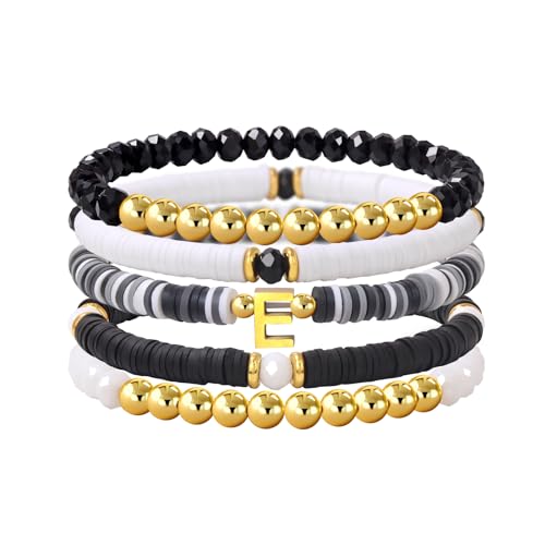 Risyfjew Initialen-Armband für Damen, personalisierbar, mit Perlen aus Ton besetzt, zierlicher Buchstabe, Gold, Charms, Surfer, Heishi, trendiges, stapelbares Armband, Boho-Schmuck, Geschenke, 19cm von Risyfjew