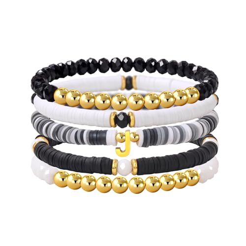 Risyfjew Initialen-Armband für Damen, personalisierbar, mit Perlen aus Ton besetzt, zierlicher Buchstabe, Gold, Charms, Surfer, Heishi, trendiges, stapelbares Armband, Boho-Schmuck, Geschenke, 19cm von Risyfjew