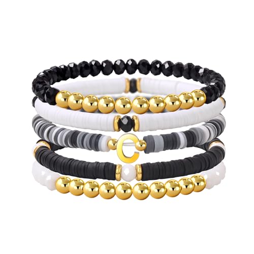 Risyfjew Initialen-Armband für Damen, personalisierbar, mit Perlen aus Ton besetzt, zierlicher Buchstabe, Gold, Charms, Surfer, Heishi, trendiges, stapelbares Armband, Boho-Schmuck, Geschenke, 19cm von Risyfjew
