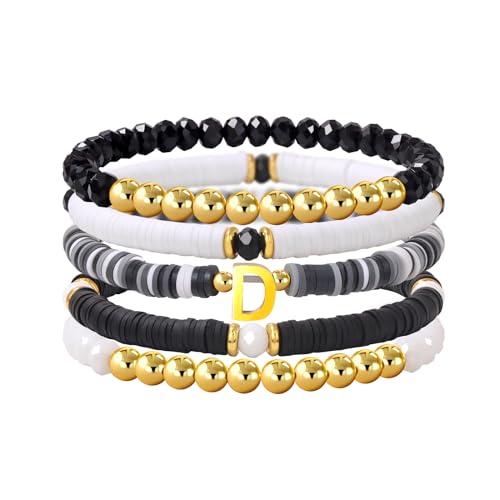 Risyfjew Initialen-Armband für Damen, personalisierbar, mit Perlen aus Ton besetzt, zierlicher Buchstabe, Gold, Charms, Surfer, Heishi, trendiges, stapelbares Armband, Boho-Schmuck, Geschenke, 19cm von Risyfjew