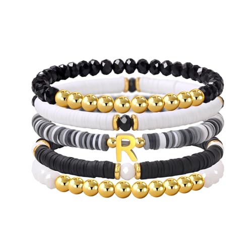 Risyfjew Initialen-Armband für Damen, personalisierbar, mit Perlen aus Ton besetzt, zierlicher Buchstabe, Gold, Charms, Surfer, Heishi, trendiges, stapelbares Armband, Boho-Schmuck, Geschenke, 19cm von Risyfjew