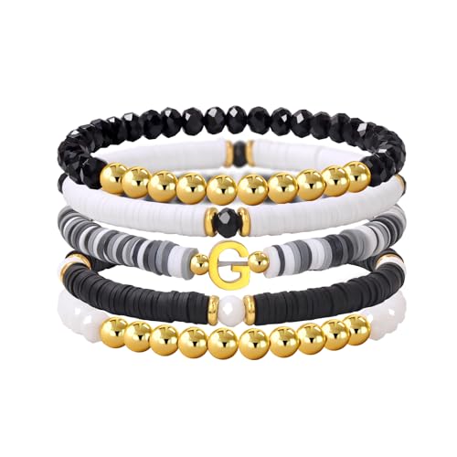 Risyfjew Initialen-Armband für Damen, personalisierbar, mit Perlen aus Ton besetzt, zierlicher Buchstabe, Gold, Charms, Surfer, Heishi, trendiges, stapelbares Armband, Boho-Schmuck, Geschenke, 19cm von Risyfjew