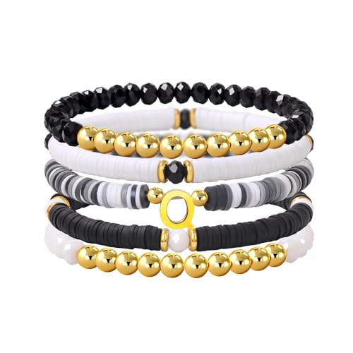 Risyfjew Initialen-Armband für Damen, personalisierbar, mit Perlen aus Ton besetzt, zierlicher Buchstabe, Gold, Charms, Surfer, Heishi, trendiges, stapelbares Armband, Boho-Schmuck, Geschenke, 19cm von Risyfjew