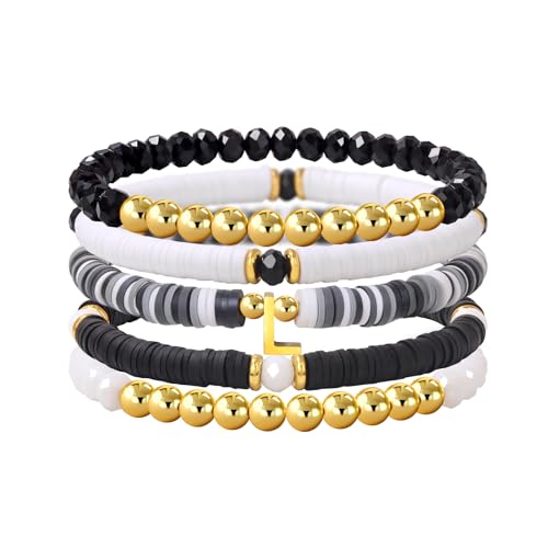 Risyfjew Initialen-Armband für Damen, personalisierbar, mit Perlen aus Ton besetzt, zierlicher Buchstabe, Gold, Charms, Surfer, Heishi, trendiges, stapelbares Armband, Boho-Schmuck, Geschenke, 19cm von Risyfjew