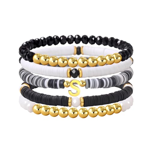 Risyfjew Initialen-Armband für Damen, personalisierbar, mit Perlen aus Ton besetzt, zierlicher Buchstabe, Gold, Charms, Surfer, Heishi, trendiges, stapelbares Armband, Boho-Schmuck, Geschenke, 19cm von Risyfjew