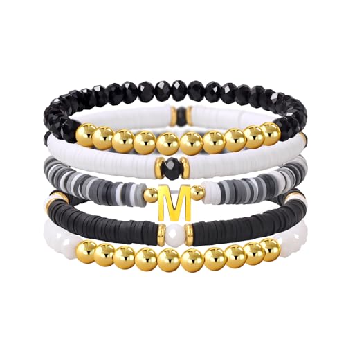 Risyfjew Initialen-Armband für Damen, personalisierbar, mit Perlen aus Ton besetzt, zierlicher Buchstabe, Gold, Charms, Surfer, Heishi, trendiges, stapelbares Armband, Boho-Schmuck, Geschenke, 19cm von Risyfjew